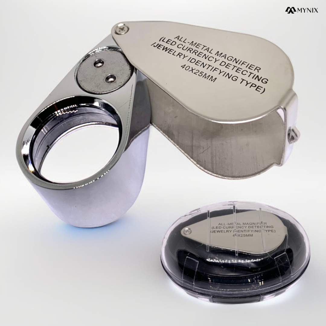40x All-Metal LED Magnifier with Currency Detecting & Jewelry Identifying Light – 25mm Lens