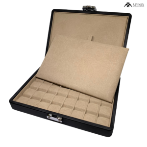 Professional 32-Slot Gemstone Display Case - Black Leatherette Jewelry Organizer with Velvet Interior